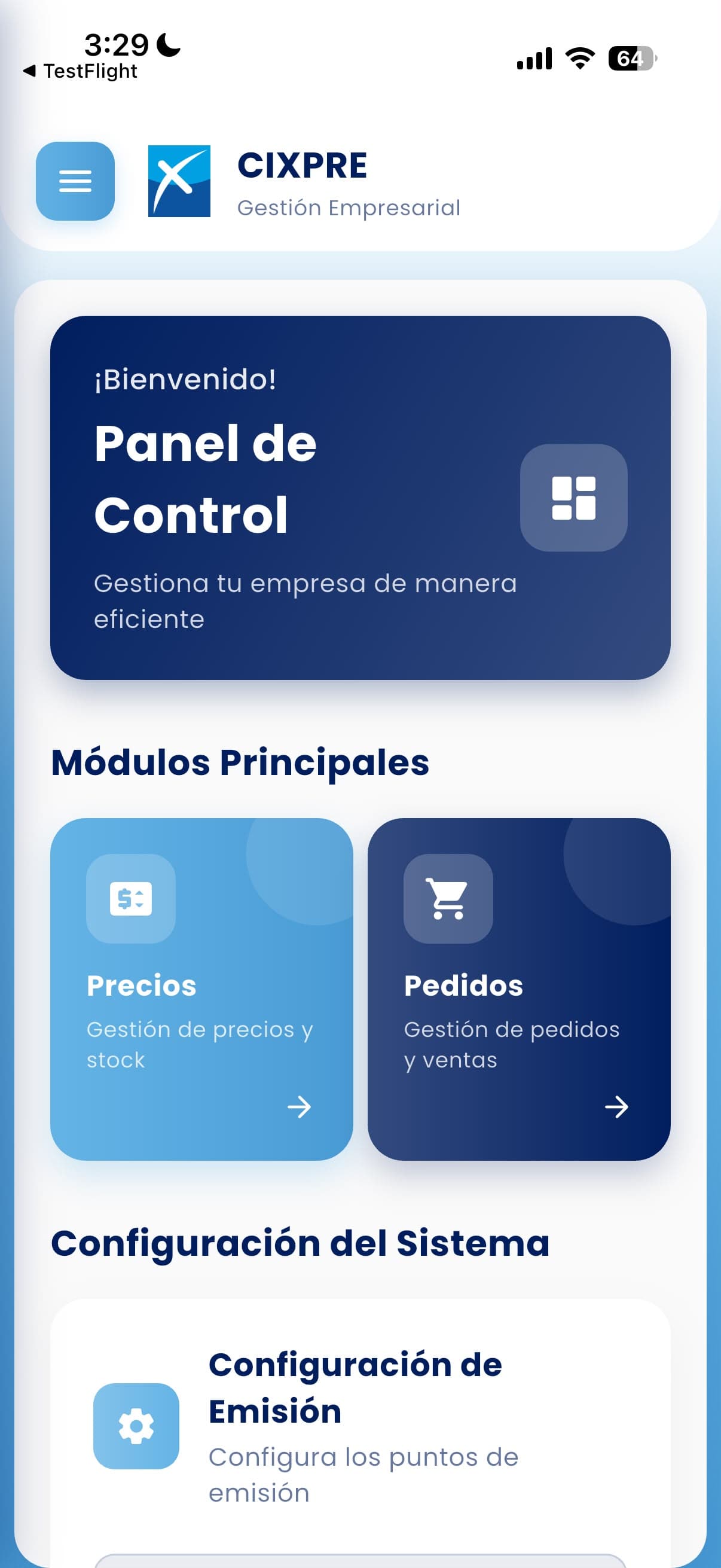 Panel de control de Cixpre con los módulos de precios y pedidos