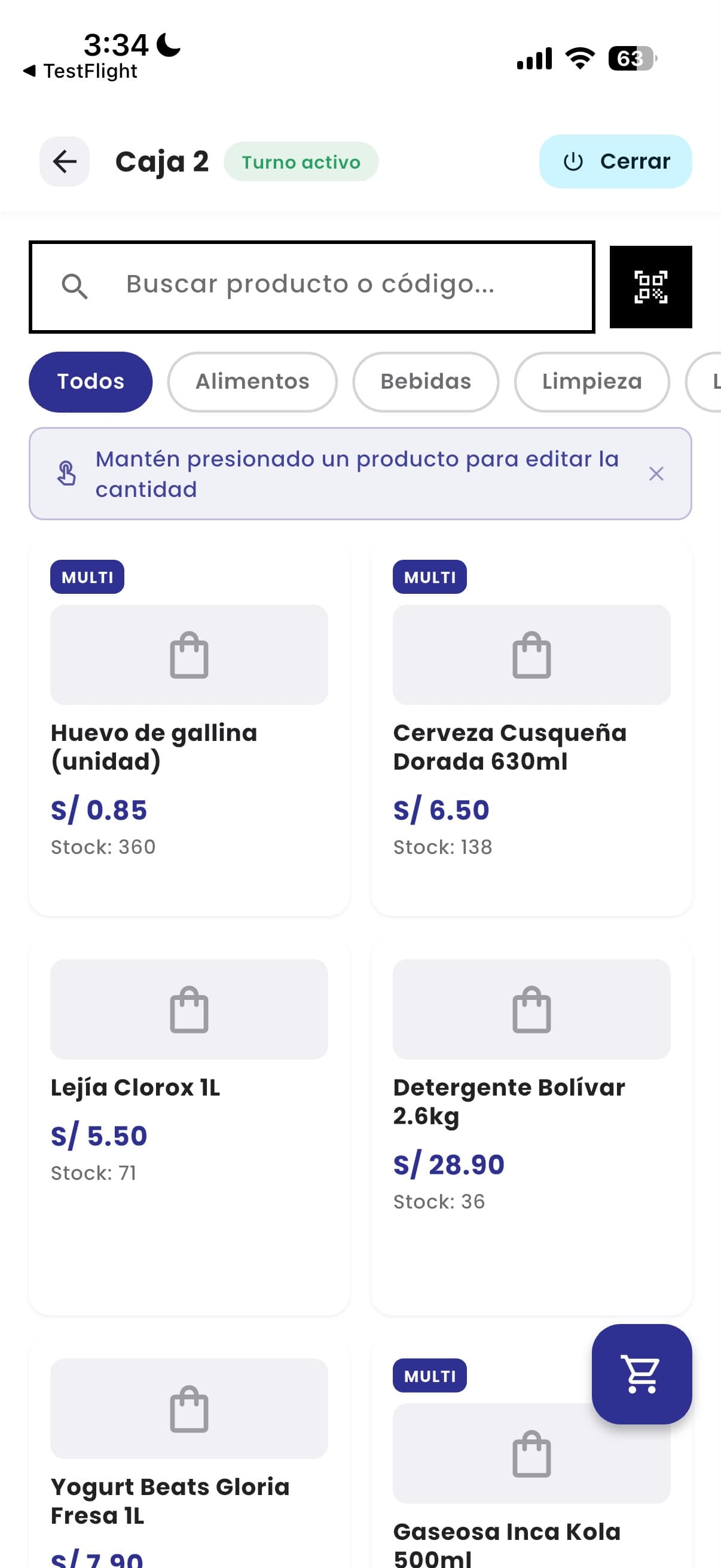 Pantalla de punto de venta de Prisma con catálogo de productos y stock