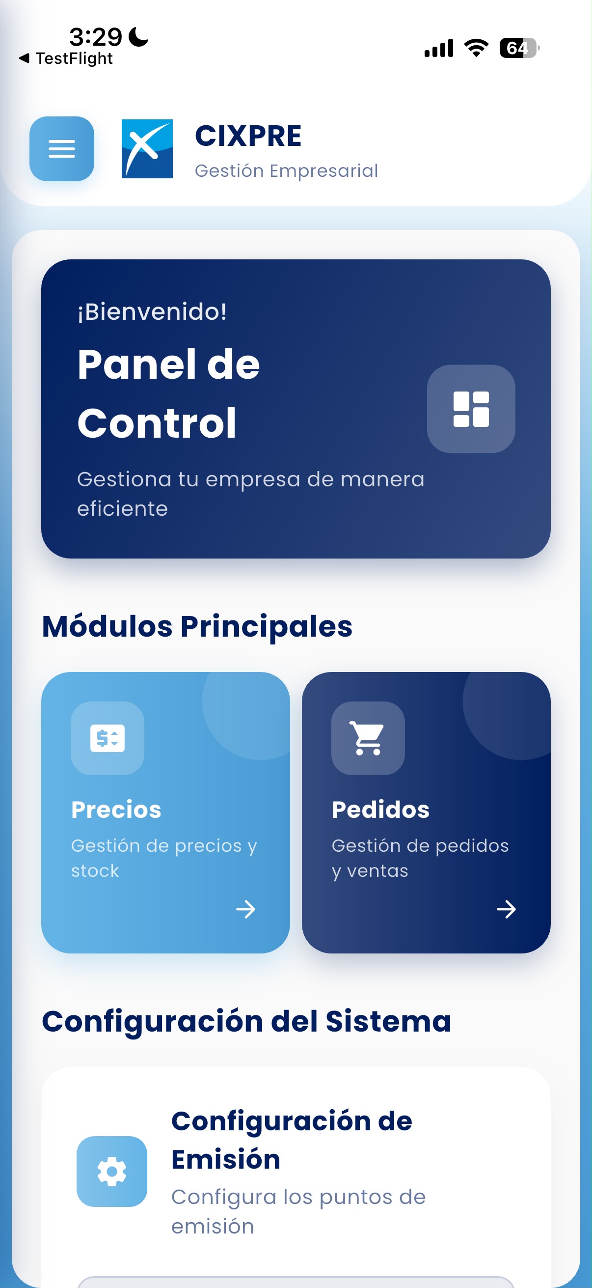 Cixpre — panel de control con accesos a Precios, Pedidos y configuración del sistema