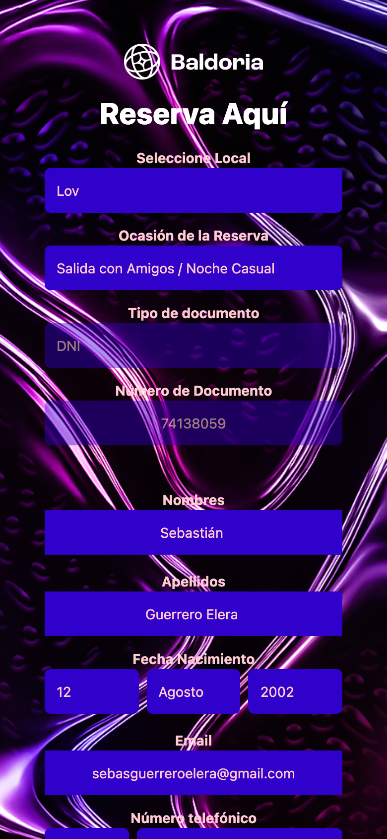 Sistema de reservas Lov x Baldoria — vista mobile
